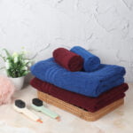 ZAHYA Pure Cotton 600 GSM Bath & Hand Towel Combo - Blue & Maroon