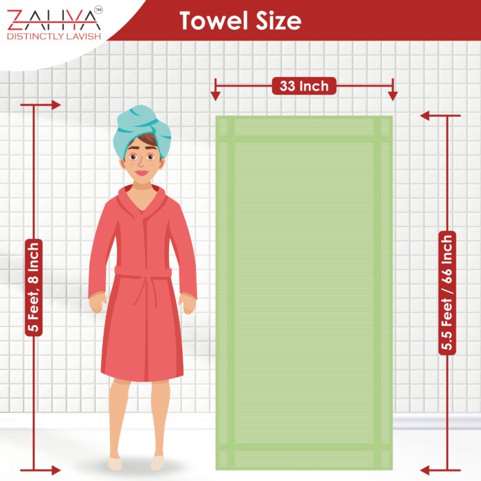 ZAHYA towel displayed fully open beside a girl to compare towel size with height