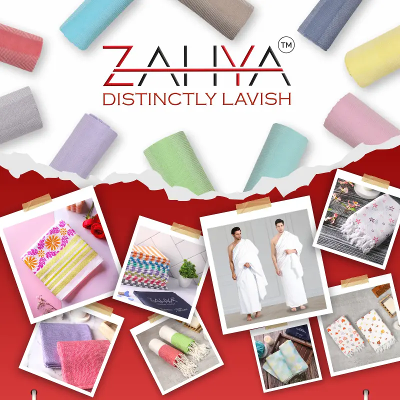 ZAHYA brand logo with collage of premium towels and Ihram on red and white background – luxury lifestyle collection