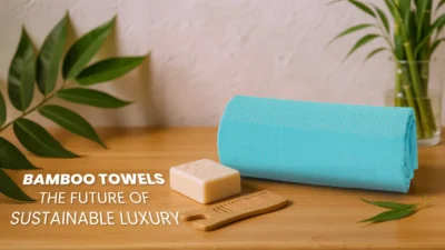 Stack of luxury bamboo towels with green bamboo stalk, symbolizing sustainable and eco-friendly living.