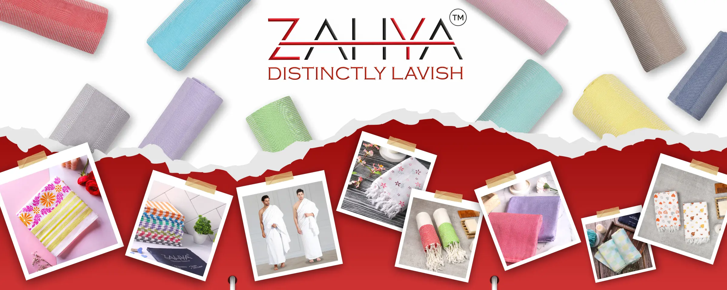 ZAHYA brand logo with collage of premium towels and Ihram on red and white background – luxury lifestyle collection