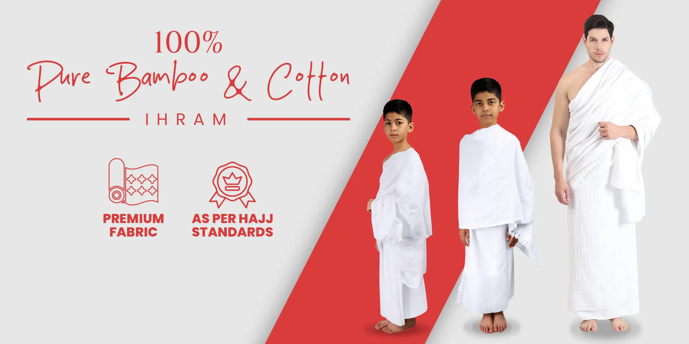 Models wearing ZAHYA white Ihram in three sizes, displayed on red and white background
