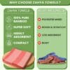 Comparison chart showing ZAHYA bamboo towel versus regular towel with features highlighted