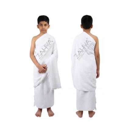 White terry cotton ihram for boys aged 9–12 years, soft and breathable fabric suitable for Hajj and Umrah.