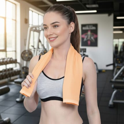 Girl working out in a gym holding a 100% bamboo gym towel, Cosmo design, lightweight and highly absorbent