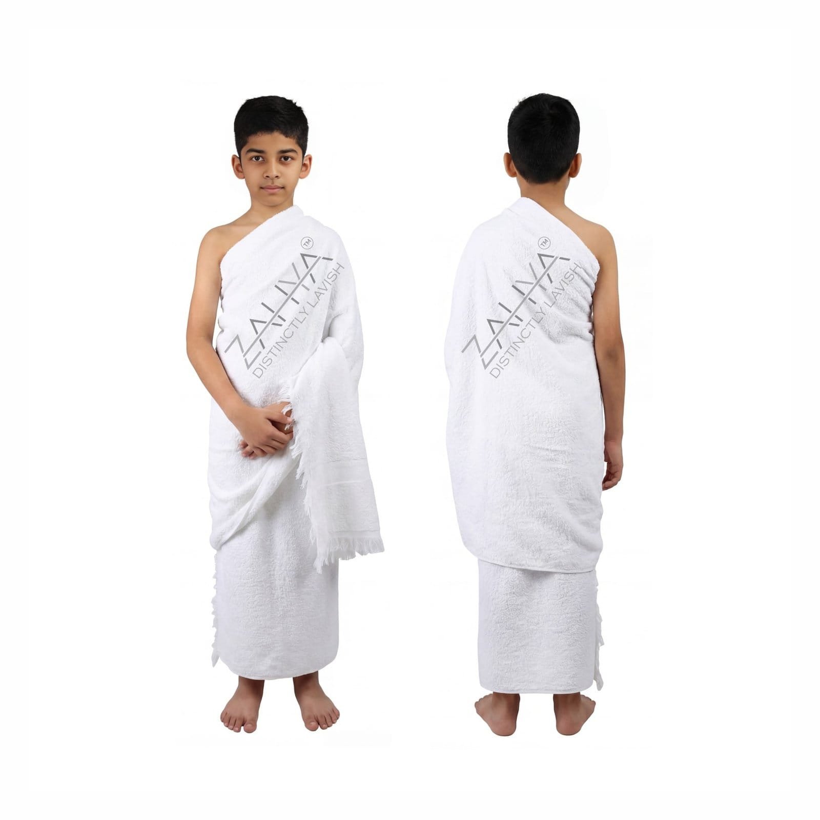 ZAHYA Terry Cotton Ihram for Kids - Hajj & Umrah - White ZAHYA Terry Cotton Ihram for kids 9-12 years, white 2-piece unstitched Hajj Umrah set, front and back view, soft breathable cotton