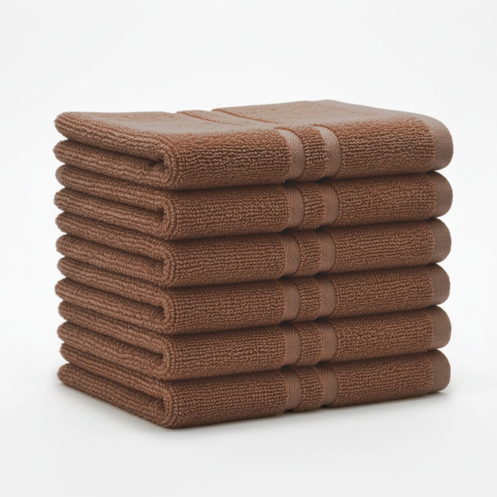 Zahya 100% pure cotton terry hand towel in brown color, pack of 6, stacked, soft and highly absorbent, 14x21 inch