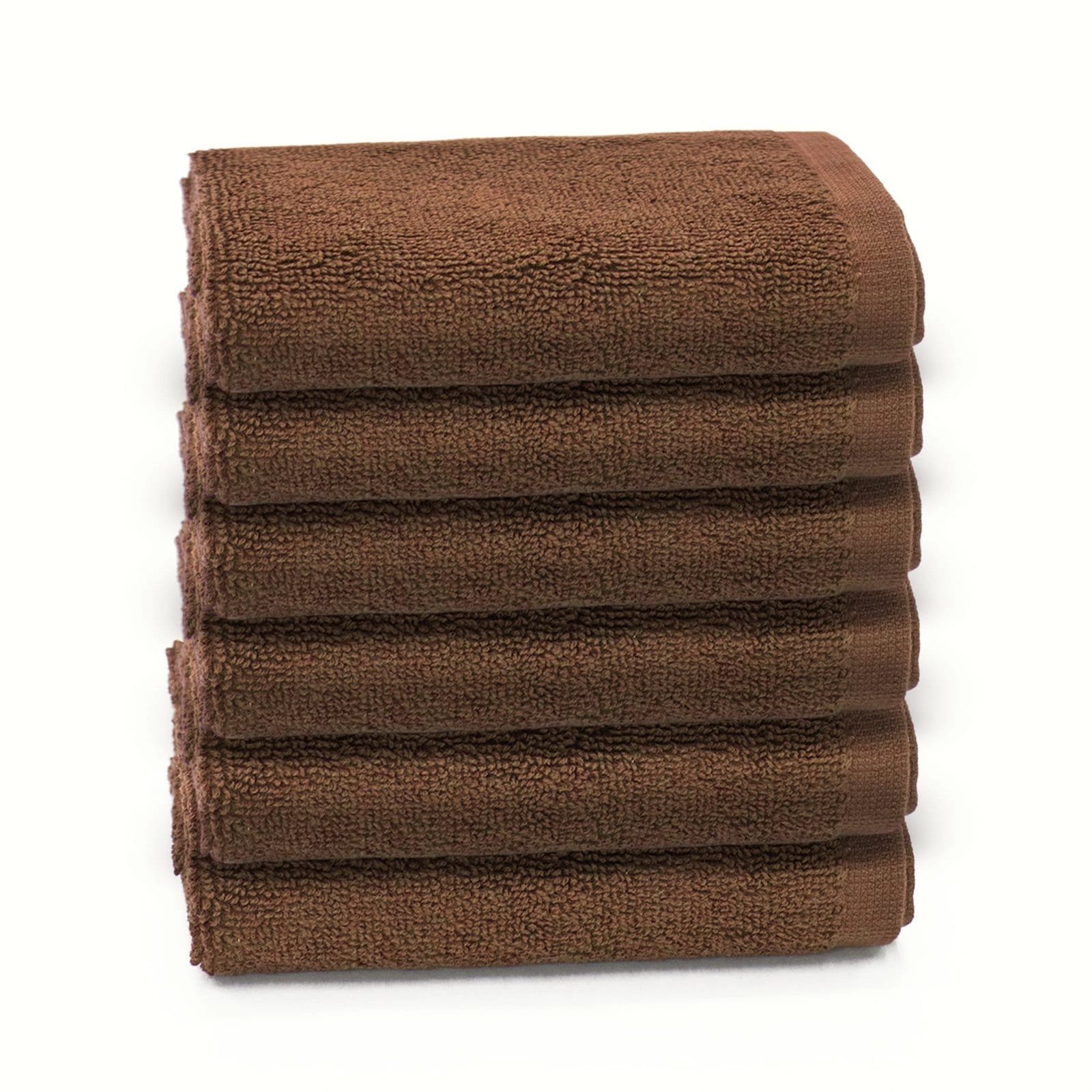 Zahya Cotton Terry Face Towel – Brown – Pack of 6 Zahya 100% pure cotton terry face towels in brown color, pack of 6, stacked, soft and highly absorbent, 12x12 inch
