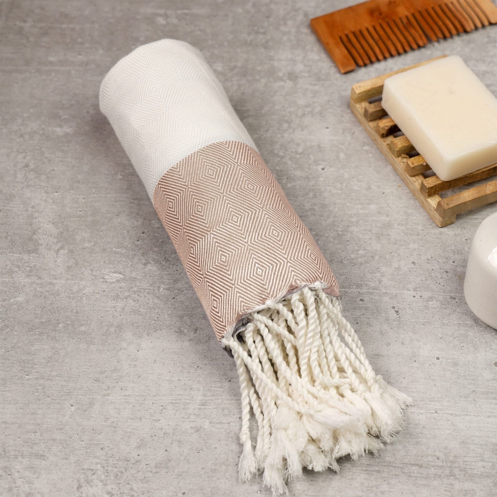 Zahya Bamboo Bath Towel - Turkish Style - Bamboo Straw Zahya 100% pure bamboo Turkish towel in brown color, rolled with fringe, lightweight and quick-dry, large size