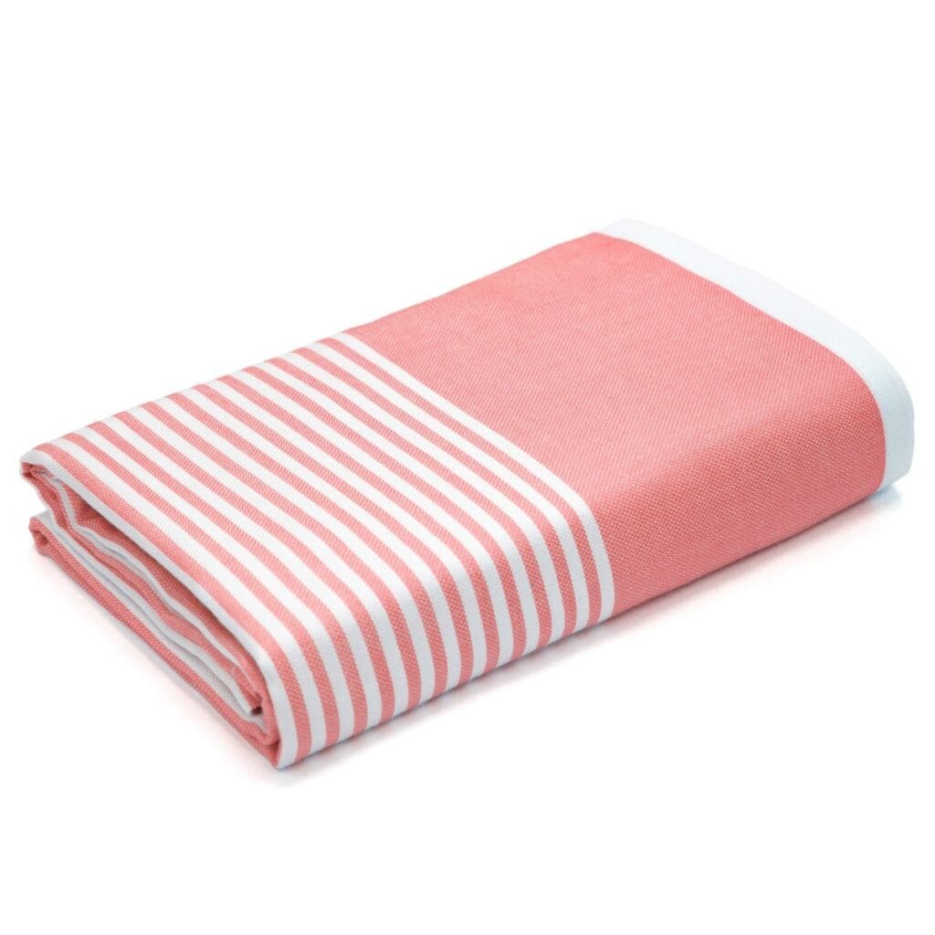 Zahya 100% pure bamboo bath towel in pink and white stripes, folded, lightweight and quick-dry, large size