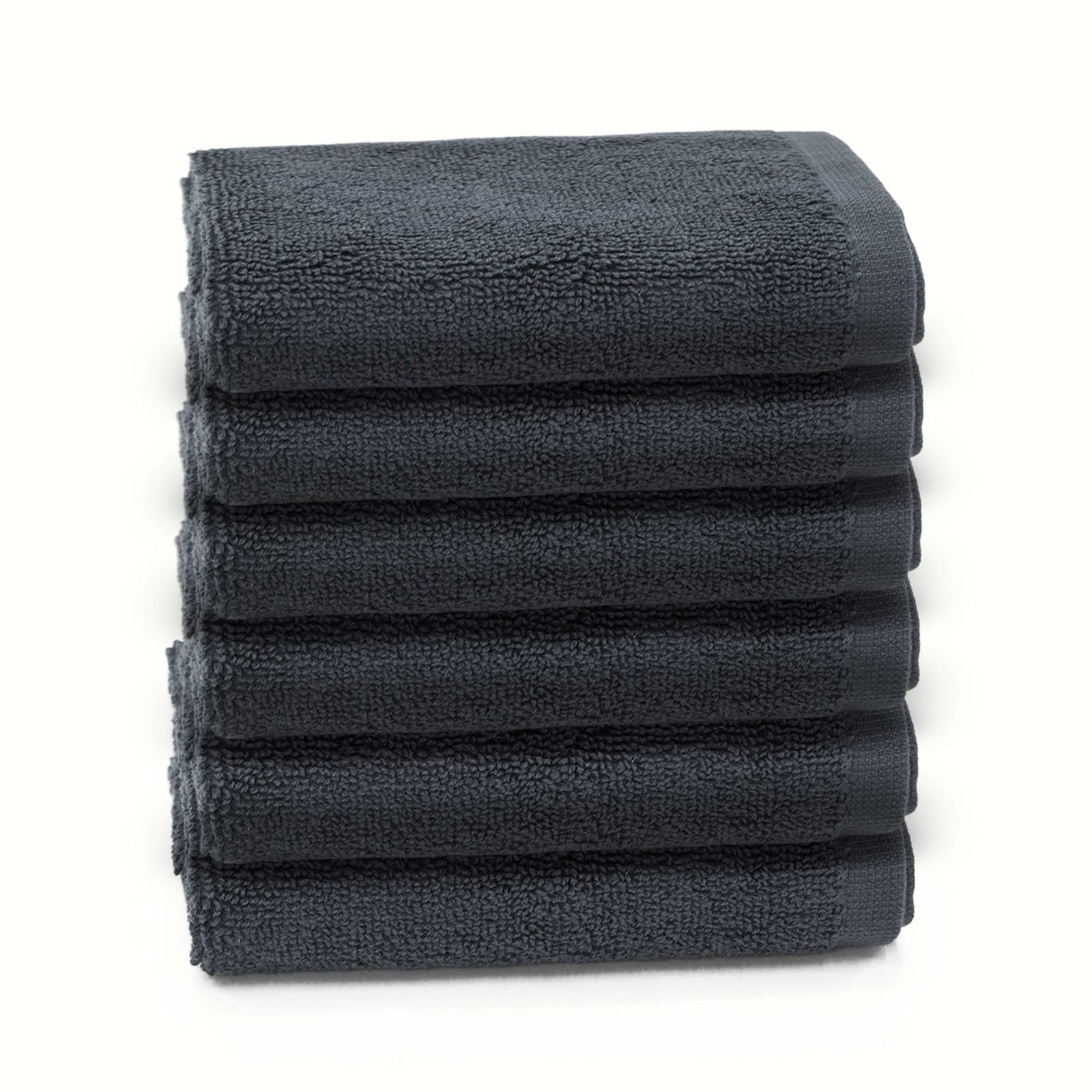 Zahya Cotton Terry Face Towel – Grey – Pack of 6 Zahya 100% pure cotton terry face towels in grey color, pack of 6, stacked, soft and highly absorbent, 12x12 inch