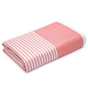 Zahya 100% pure bamboo bath towel in pink and white stripes, folded, lightweight and quick-dry, large size