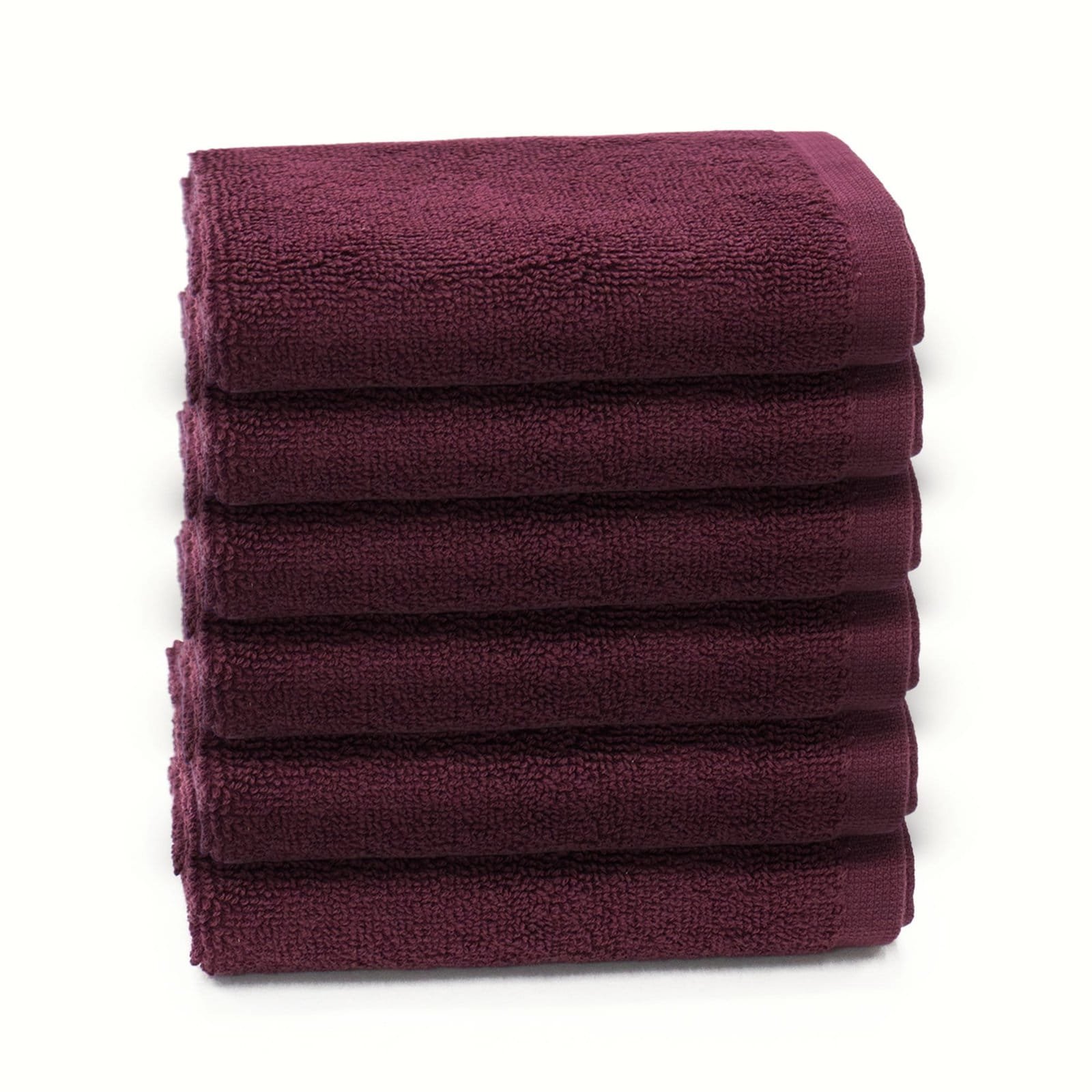 Zahya Cotton Terry Face Towel – Maroon – Pack of 6 Zahya 100% pure cotton terry face towels in maroon color, pack of 6, stacked, soft and highly absorbent 12x12 inch