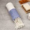 Zahya 100% pure bamboo Turkish towel in dark blue color, rolled with fringe, lightweight and quick-dry, large size