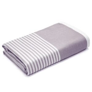 Zahya 100% pure bamboo bath towel in grey and white stripes, folded, lightweight and quick-dry, large size
