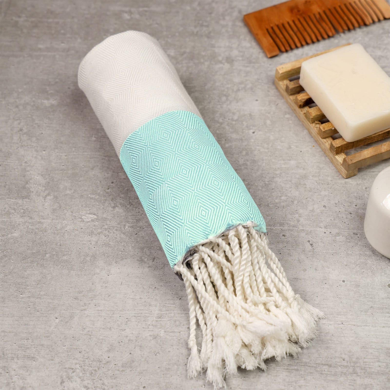 Zahya Bamboo Bath Towel - Turkish Style - Opal Green Zahya 100% pure bamboo Turkish towel in opal green color, rolled with fringe, lightweight and quick-dry, large size