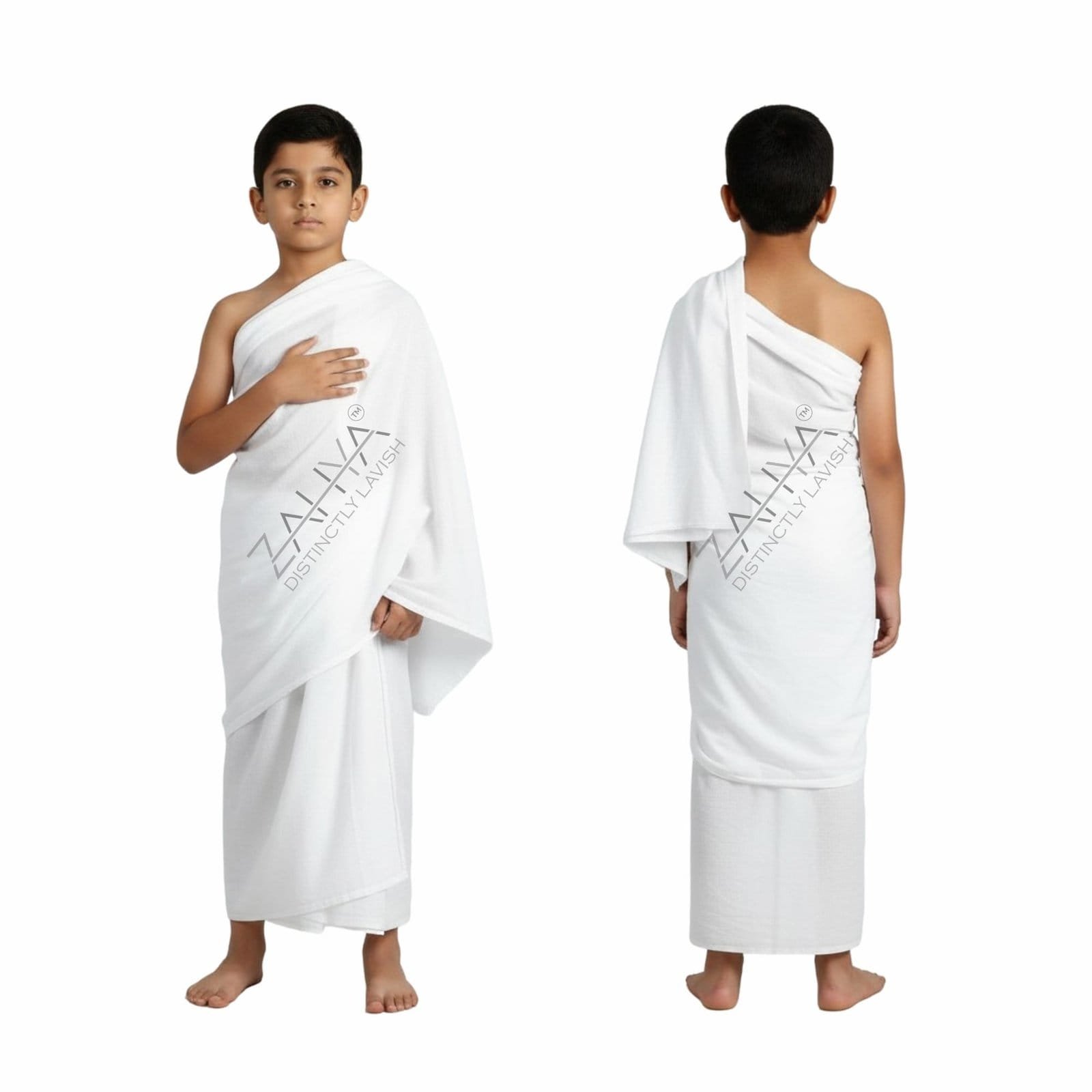 ZAHYA Plain Weave Cotton Ihram for Kids - Hajj & Umrah - White ZAHYA Plain Weave Cotton Ihram for kids 4-8 years, white 2-piece unstitched Hajj Umrah set, front and back view, lightweight breathable cotton