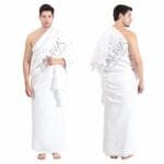 ZAHYA Brick Weave Terry Ihram for men, white 2-piece unstitched Hajj Umrah set, front and back view, ring-spun cotton with brick-pattern weave