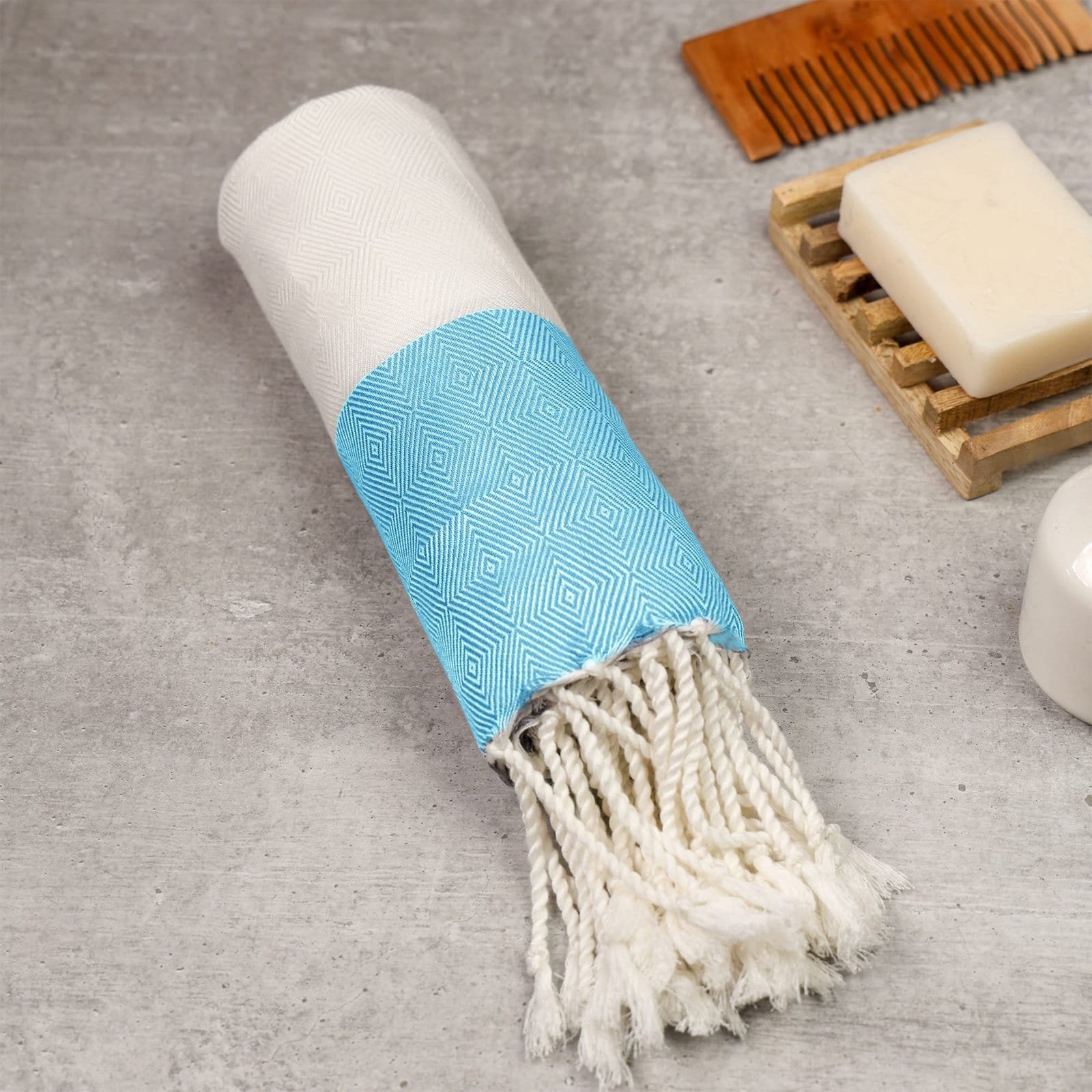Zahya Bamboo Bath Towel - Turkish Style - Pure Sky Zahya 100% pure bamboo Turkish towel in sky blue color, rolled with fringe, lightweight and quick-dry, large size