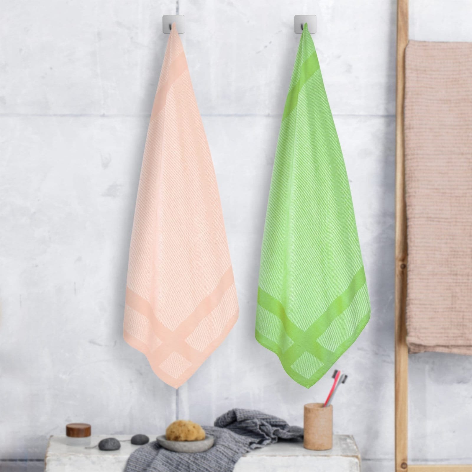 Zahya Bamboo Bath Towels — Tequilla and Olivine (Pack of 2) Zahya 100% pure bamboo bath towels in cream and light green, pack of 2, hanging, lightweight and quick-dry, large size
