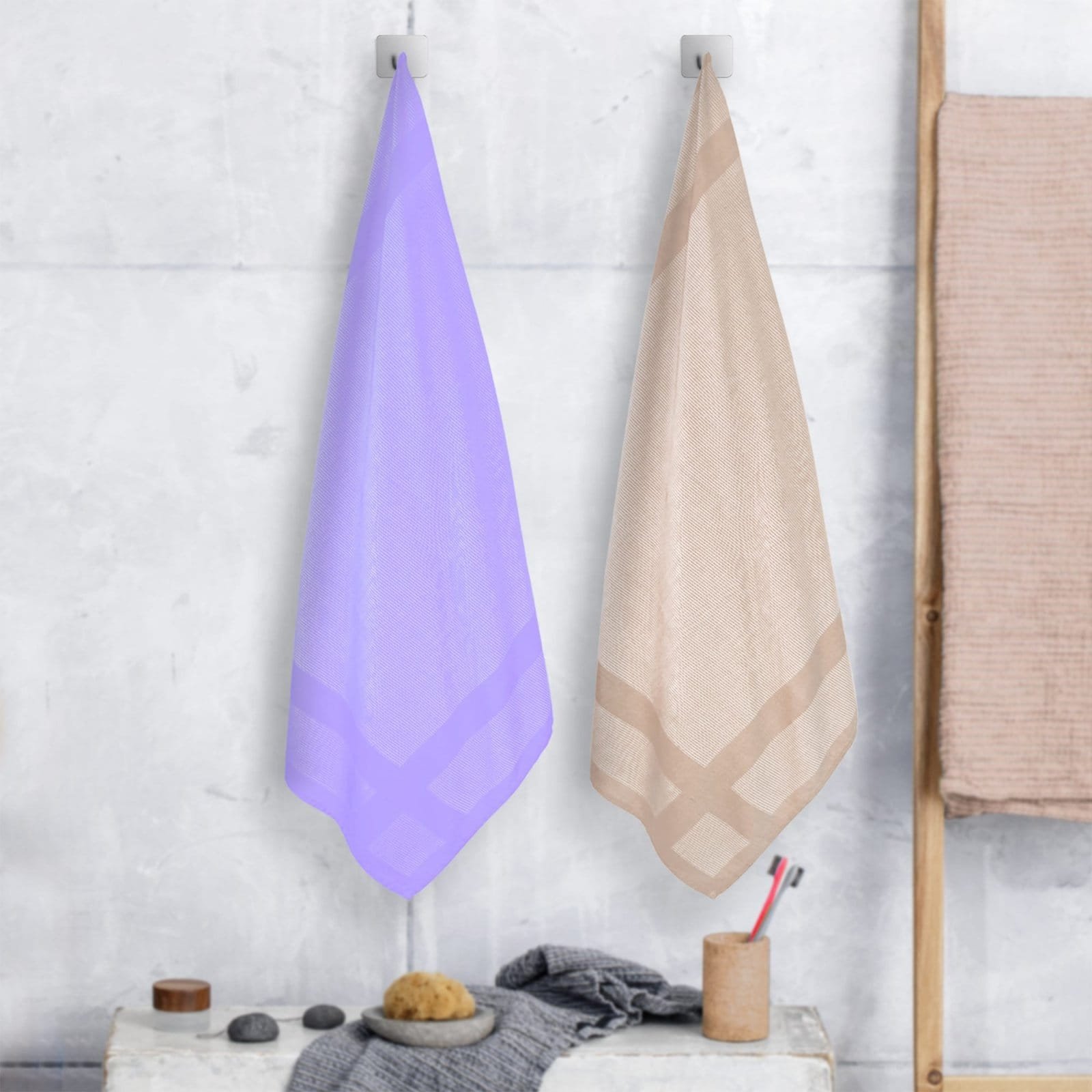 Zahya Bamboo Bath Towels — Pastel Purple and Bamboo Straw (Pack of 2) Zahya 100% pure bamboo bath towels in purple and brown, pack of 2, hanging, lightweight and quick-dry, large size