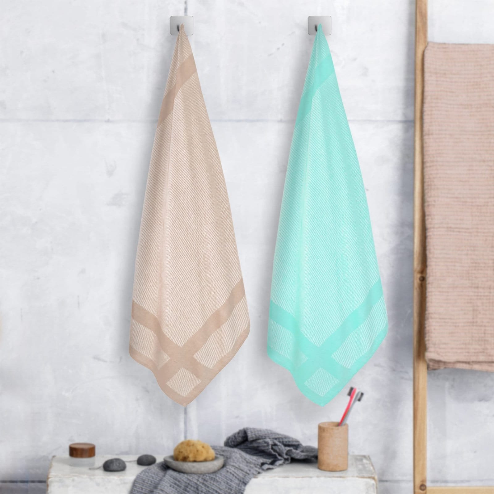 Zahya Bamboo Bath Towels — Bamboo Straw and Opal Green (Pack of 2) Zahya 100% pure bamboo bath towels in brown and opal green, pack of 2, hanging, lightweight and quick-dry, large size