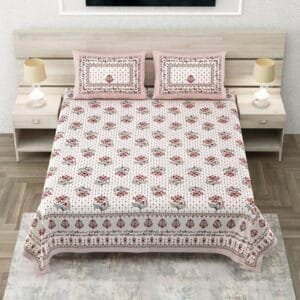 Pure Cotton King Size Bedsheet with Pillow Covers - Bare Beige & Red