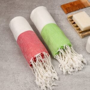 Zahya 100% pure bamboo Turkish towel in red and Green color, rolled with fringe, lightweight and quick-dry, large size