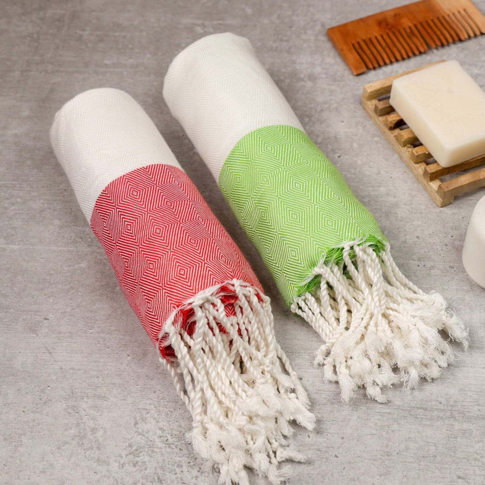 Zahya 100% pure bamboo Turkish towel in red and Green color, rolled with fringe, lightweight and quick-dry, large size