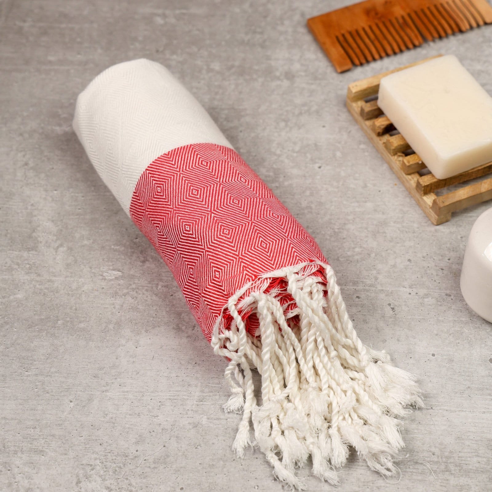 Zahya Bamboo Bath Towel - Turkish Style - Red Zahya 100% pure bamboo Turkish towel in red color, rolled with fringe, lightweight and quick-dry, large size