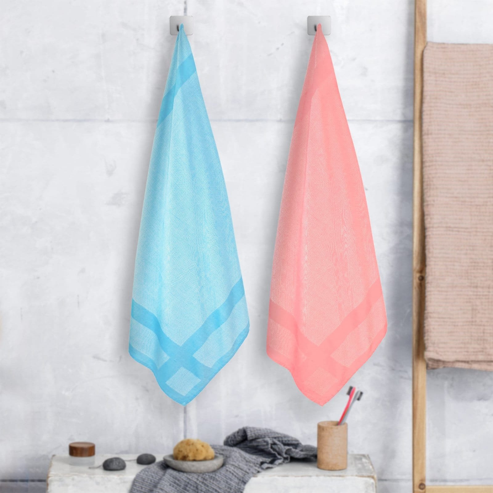 Zahya Bamboo Bath Towels — Coral and Pure Sky (Pack of 2) Zahya 100% pure bamboo bath towels in blue and peach, pack of 2, hanging, lightweight and quick-dry, large size