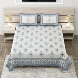 Pure Cotton King Size Bedsheet with Pillow Covers - Cream & Green