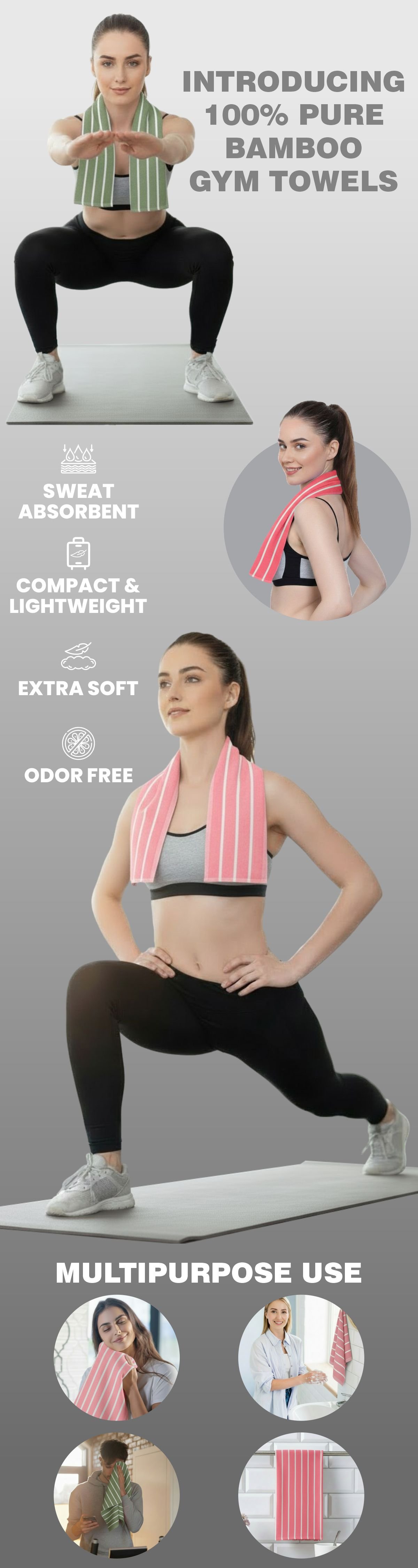 Zahya 100% pure bamboo gym towels infographic showing sweat absorbent, compact, lightweight, extra soft, odor free features with women using green, coral, and pink ladder stripe towels during workout