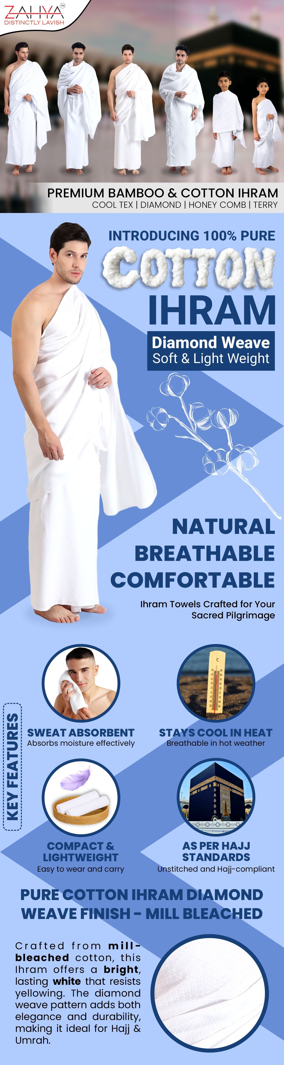 ZAHYA Diamond Weave Cotton Ihram infographic showing sweat absorbent, stays cool, compact and lightweight, mill bleached features