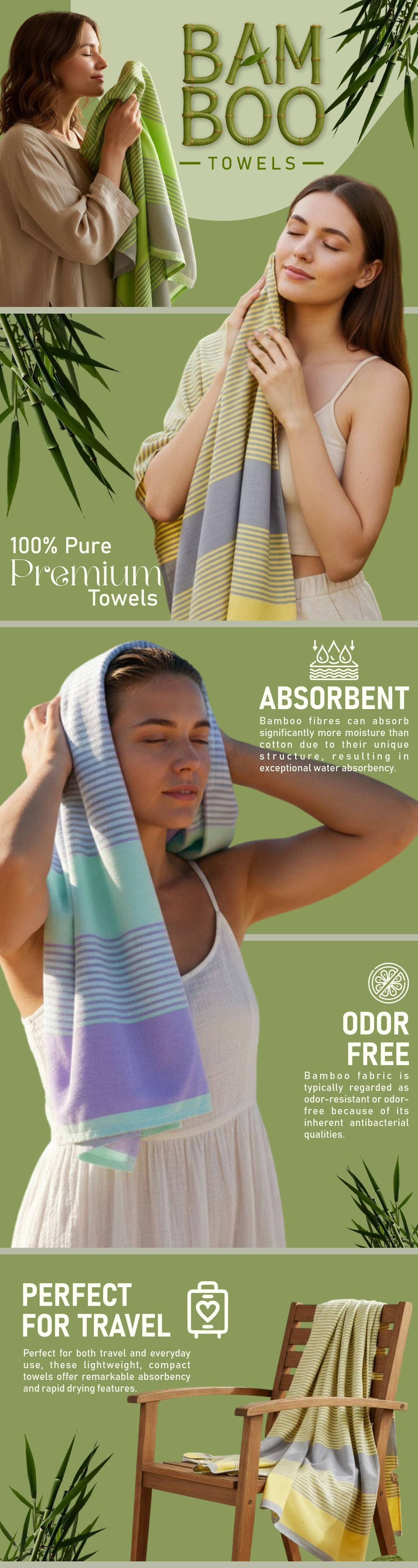 Zahya 100% pure bamboo shadow stripe bath towels infographic showing absorbent, odor free, and travel friendly features