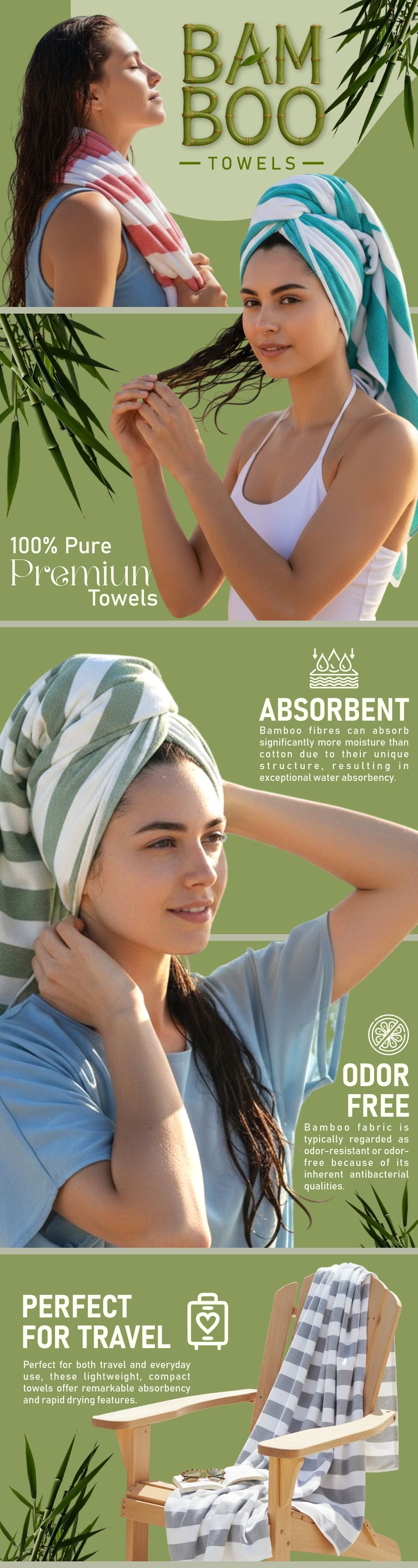 Zahya 100% pure bamboo cabana bath towels infographic showing absorbent, odor free, and travel friendly features