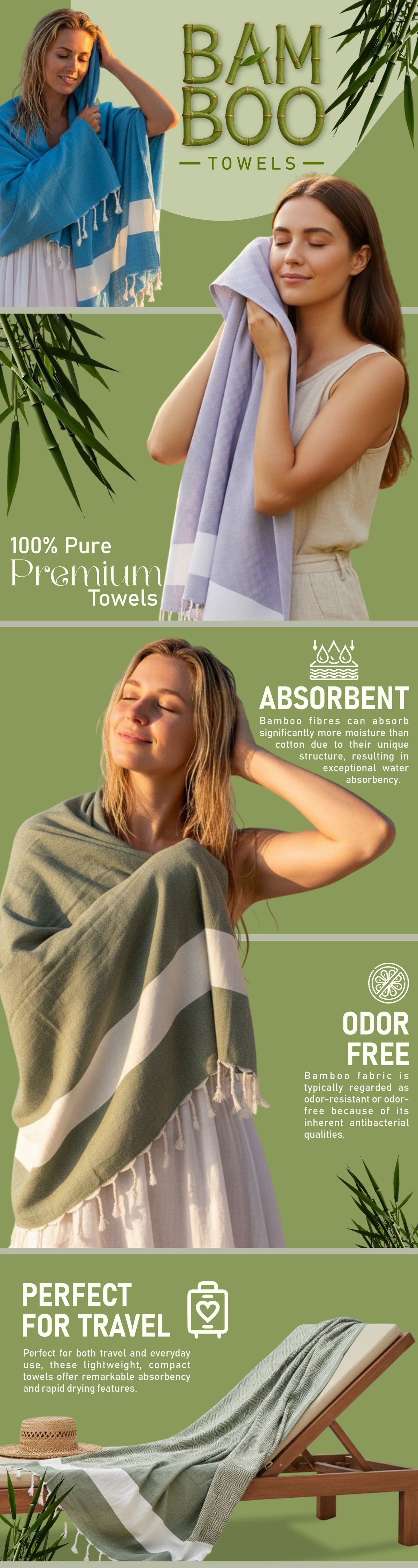 Zahya 100% pure bamboo Turkish style bath towels with fringe infographic showing absorbent, odor free, and travel friendly features