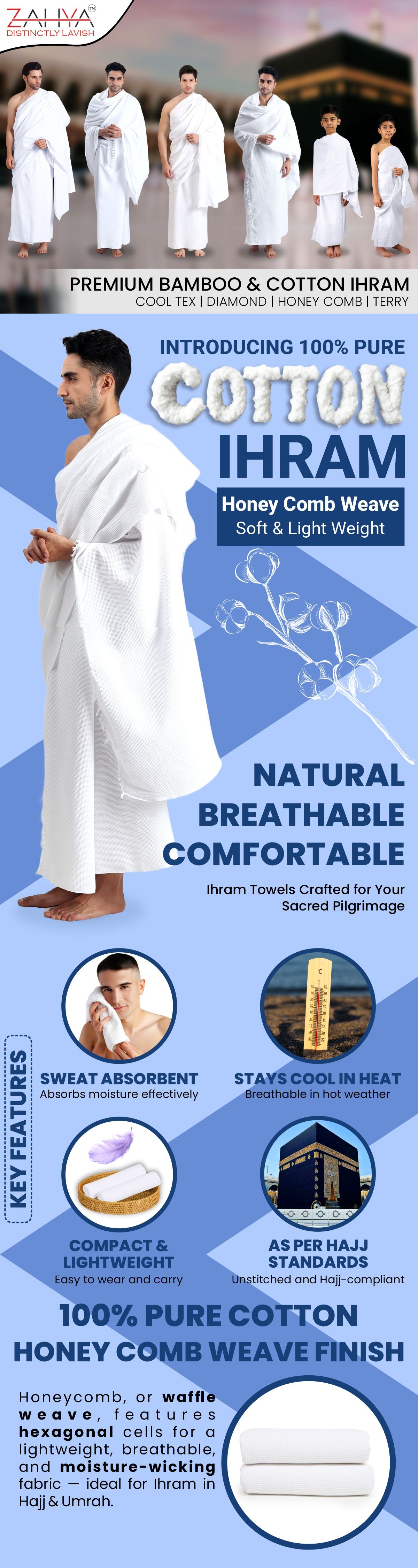 ZAHYA Honeycomb Weave Cotton Ihram infographic showing sweat absorbent, stays cool, compact and lightweight, waffle weave features