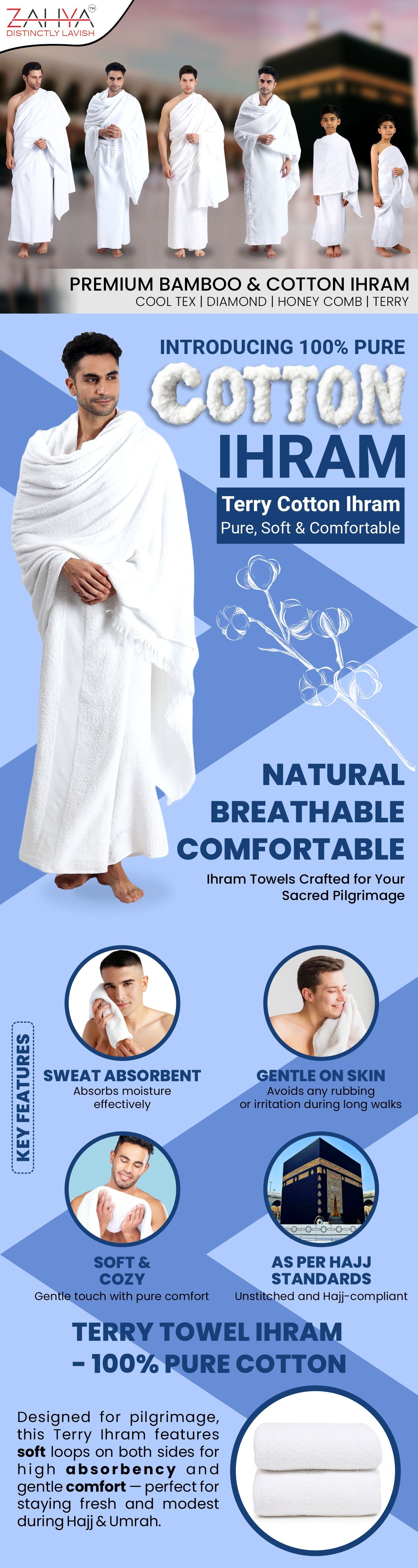 ZAHYA Terry Cotton Ihram infographic showing sweat absorbent, gentle on skin, soft and cozy, Hajj-compliant features, premium bamboo and cotton Ihram collection