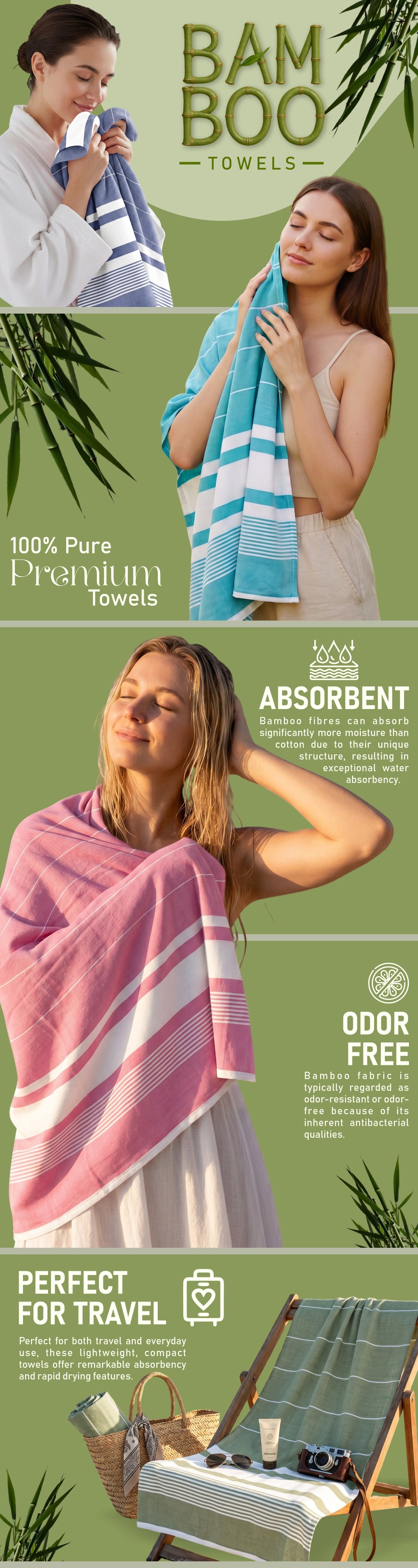 Zahya 100% pure bamboo barcode stripe bath towels infographic showing absorbent, odor free, and travel friendly features