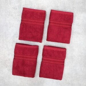 Zahya 100% pure cotton terry hand towels in red color, pack of 4, folded, soft and highly absorbent, 500 GSM