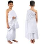 ZAHYA Cooltex Kids Ihram for ages 4-8 years, white 2-piece unstitched Hajj Umrah set, front and back view, breathable cool cotton weave