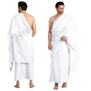 ZAHYA Bamboo Ihram for men, white 2-piece unstitched Hajj Umrah set, front and back view, ultra-soft odor-free bamboo fiber