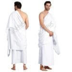 ZAHYA Plain Weave Cotton Ihram for men, white 2-piece unstitched Hajj Umrah set, front and back view, smooth breathable cotton