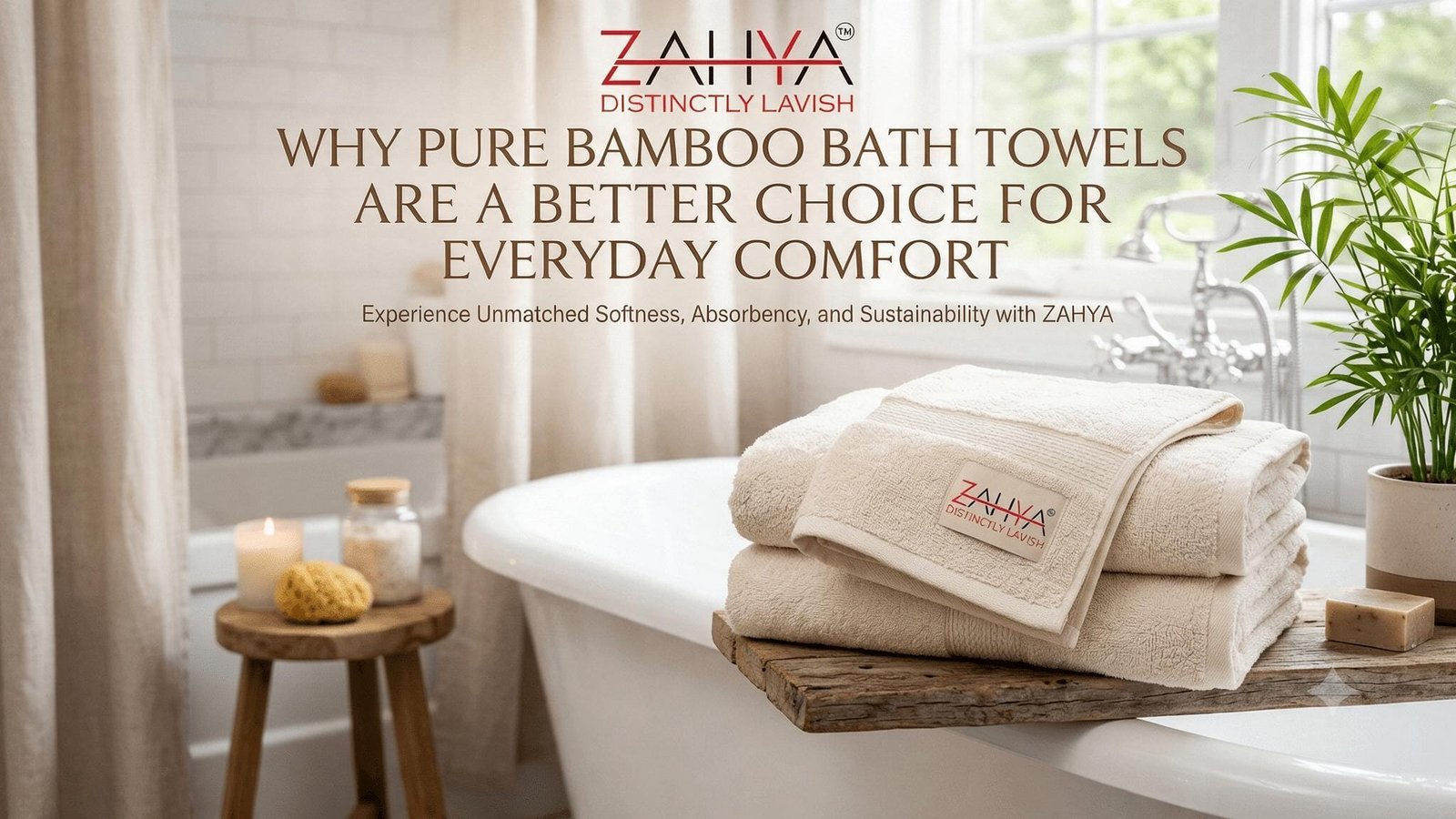 Folded ZAHYA bamboo bath towels stacked on a wooden bath tray beside a soaking tub