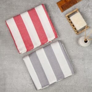 100% Pure Bamboo Bath Towels, Cabana Stripe – Pack of 2 - Red & Grey