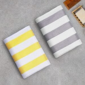100% Pure Bamboo Bath Towels, Cabana Stripe – Pack of 2 - Yellow & Grey