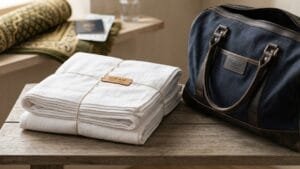 Folded white Ihram cloth prepared for Hajj or Umrah