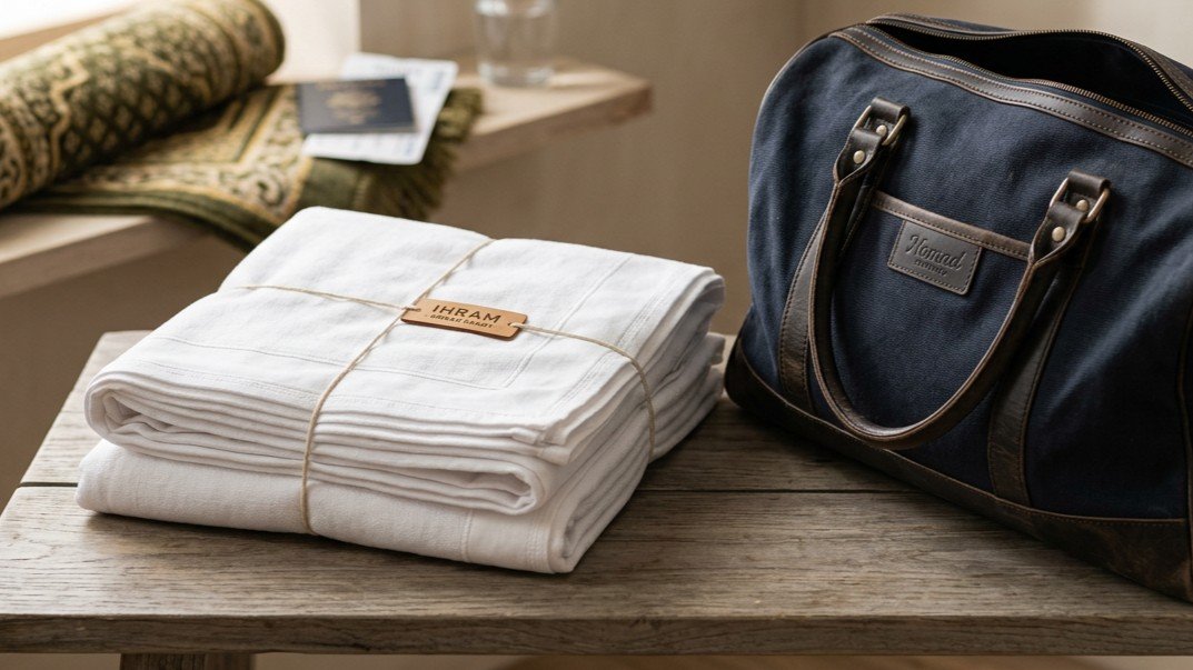 Folded white Ihram cloth prepared for Hajj or Umrah