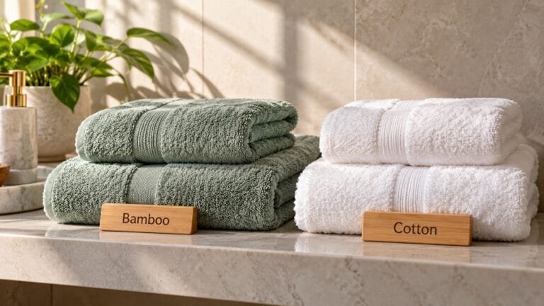 Folded bamboo and cotton towels compared side by side